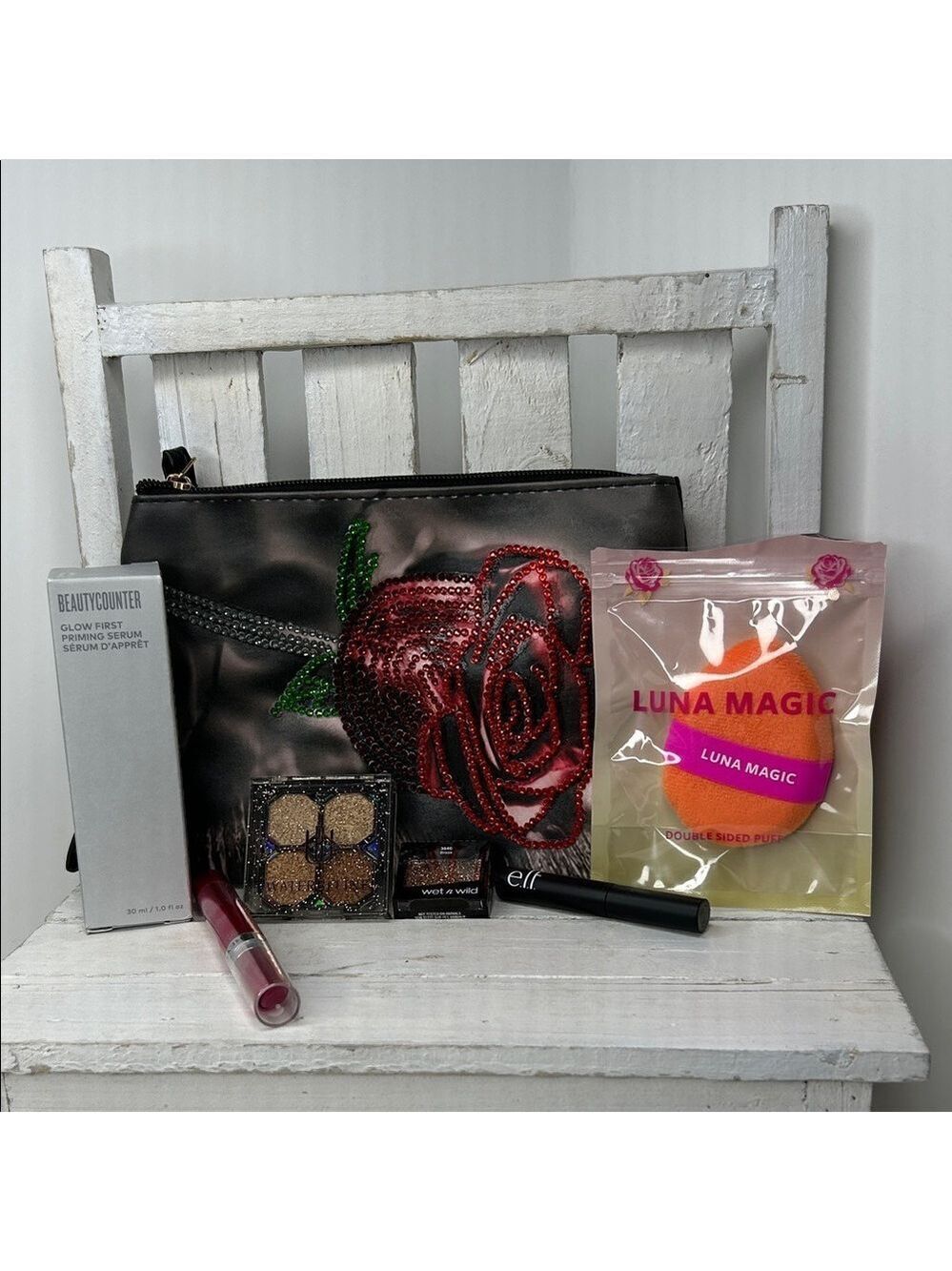 Makeup Bundle - Priming Serum, Lipstick, Eyeshadow, Brow Gel, Puff and Wristlet
